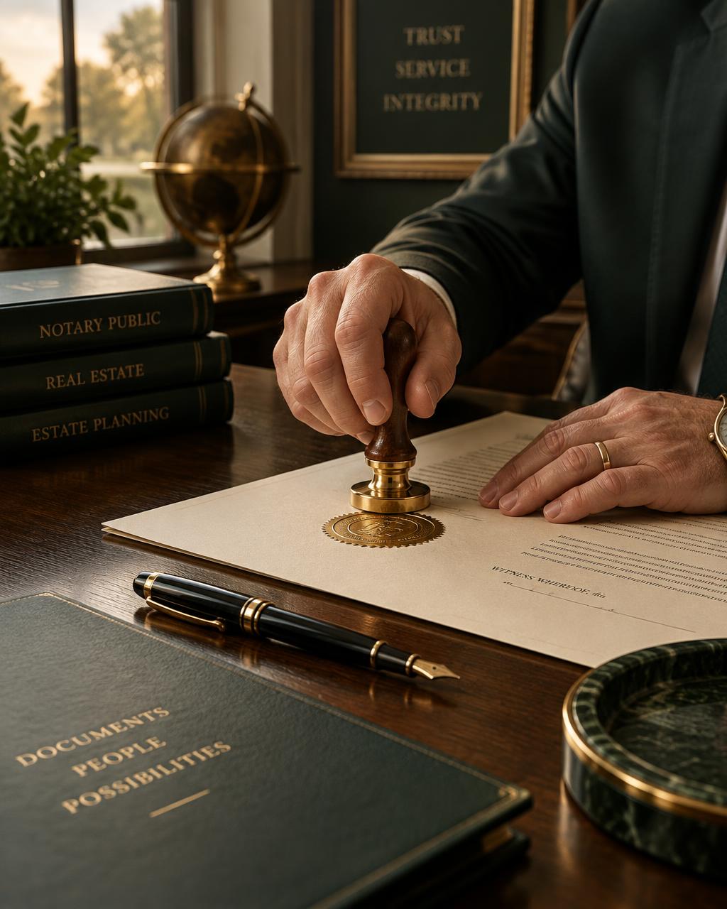 A notary pressing a gold seal onto a signed document